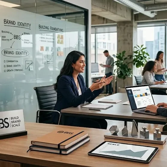 Woman in a business meeting discussing how to build, brand and scale a business using clever SEO and analytical techniques.