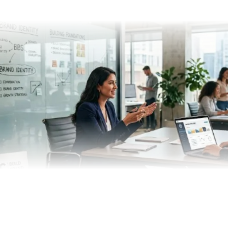 Woman in a business meeting discussing how to build, brand and scale a business using clever SEO and analytical techniques.